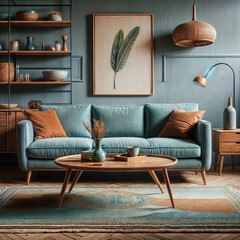 A wooden coffee table near a turquoise sofa