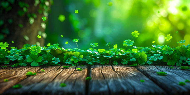 There are three–leafed leaves on a wooden background of greenery, an Irish amulet celebrating St. Patrick's Day - a good luck charm in the form of a four-leaf clover. The banner. Place for the text