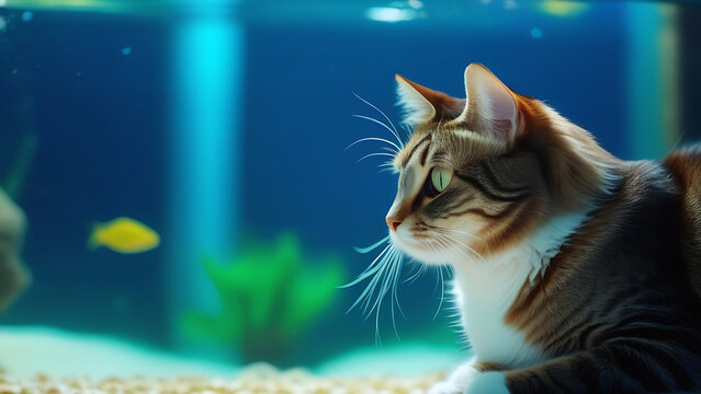 A calm cat lies against the background of an aquarium and watches the fish. Home environment for pets, different types of pets together