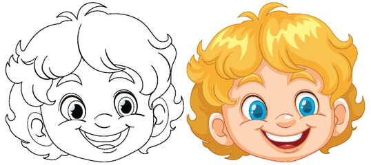 Line art and colored version of a happy child's face