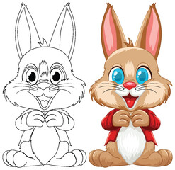Two rabbits, one sketched and one colored, smiling.