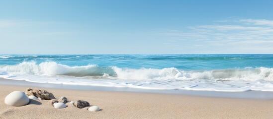 Obraz premium Majestic Wave Crashing onto a Serene Beach Shoreline at Sunset