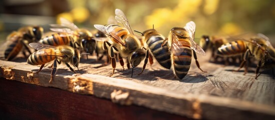Busy Bees Gathering Honey on a Rustic Wooden Surface in a Beekeeping Adventure - obrazy, fototapety, plakaty