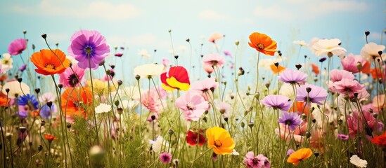 Vibrant Blossoms Dancing Against Blue Sky in a Colorful Flower Field