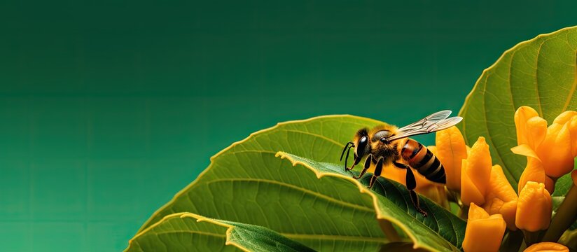 Vibrant Bee Pollinating on a Lush Green Banana Plant in Tropical Garden