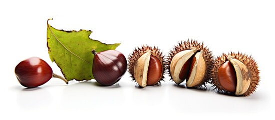 Assorted Nuts and Vibrant Leaf Arrangement on a Clean White Background
