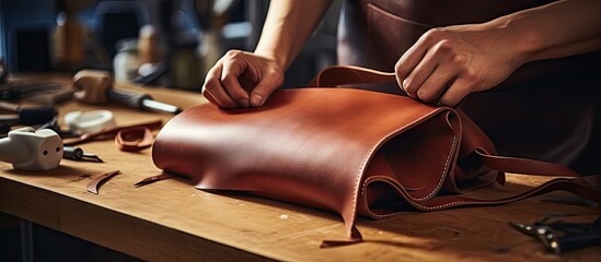 Fototapeta na wymiar Craftsman Working on Handmade Leather Bag - Artisan Creating Stylish Vintage Purse