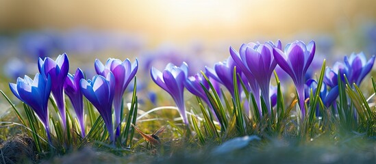 Vibrant Purple Crocus Flowers Blossoming in a Field of Spring Beauty and Colorful Petals