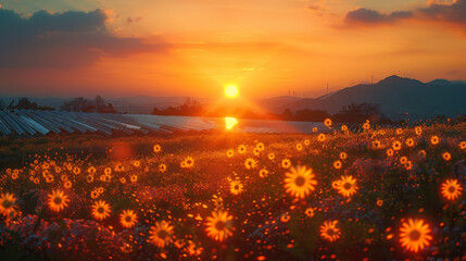 Beautiful sunset over Solar Farm with sunset on the background.