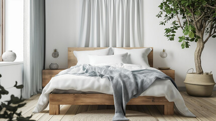 Fototapeta na wymiar Bedroom interior with cozy bed on white wall background. Generative AI