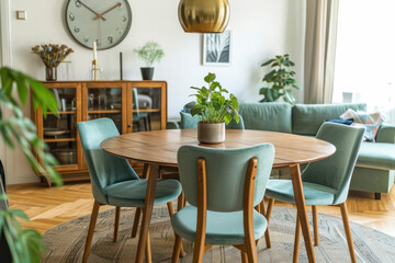 Modern dining room interior with round wooden table and green chairs. Home decor and design.