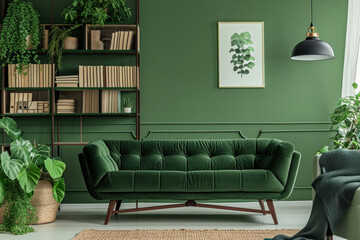 Modern green living room interior with plush sofa and indoor plants. Home decor and design.