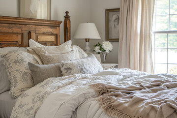 Fototapeta na wymiar Cozy bedroom interior with comfortable bedding and neutral tones. Home comfort and design.