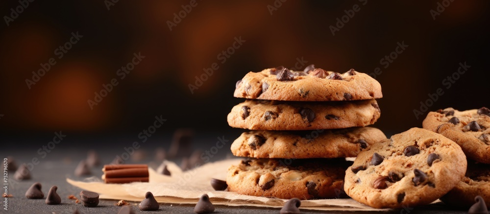 Poster Delicious Chocolate Chip Cookies: A Tempting Tower of Freshly Baked Treats