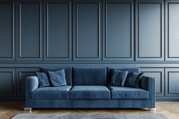 Elegant modern living room with blue sofa and wall paneling. Interior design.