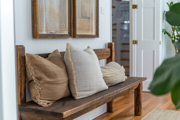 Cozy home interior with decorative pillows on wooden bench. Home decor and design.