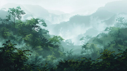 Trees in the fog. Deep forest haze. Hills covered by p
