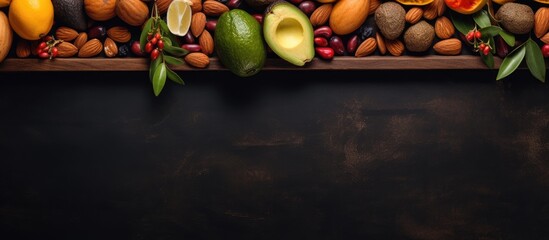 Vibrant Collection of Fresh Fruits and Nuts on a Dark Background for Healthy Eating Inspiration
