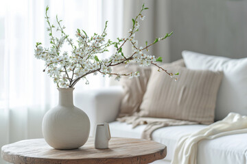 Cherry blossoms in vase on wooden table with modern home interior. Springtime decor.