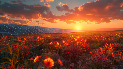 Beautiful sunset over Solar Farm with sunset on the background.