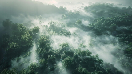 Trees in the fog. Deep forest haze. Hills covered by p