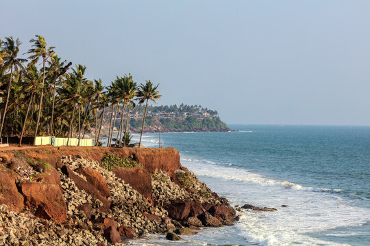 Tropical coastline, cliff with palm trees in Varkala, Kerala, India.