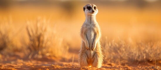 Curious Meerkat Surveys Vast Savanna Landscape with Alert Posed Stance