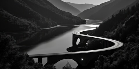 The arch bridge casts its shadow over the tunnel below, its reflection shimmering in the calm waters, a picturesque scene of architectural elegance and natural beauty - obrazy, fototapety, plakaty