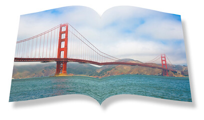 Golden Gate Bridge, the symbol of San Francisco city - California - USA - Real opened book concept