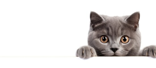 Curious Gray Cat Peeking Secretly Over Bright White Wall with Inquisitive Eyes and Copy Space