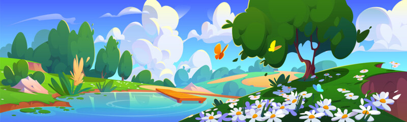 Summer landscape of lake with wooden deck in meadow with daisy flowers, butterfly and trees. Cartoon spring or summer scenery with blossoms and woods on lawn with pond, blue sunny sky with clouds.