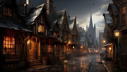 Fantasy old town in the night. Panoramic image.