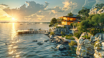 Serene Waterscape, A Lakehouses Dreamy Sunset, Natures Palette in Perfect Harmony - obrazy, fototapety, plakaty