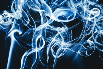 Blue smoke background. Gas flow isolated on black. Gas flow shape effect. Artistic color scent mist background. Magic fog curls. Smoky chaos texture. Steam mist cloud. Magis air fog.