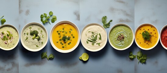 Assorted Varieties of Soups Displayed in a Line of Colorful Bowls for Tasting Event