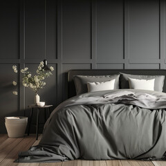 Bedroom wall mockup cozy dark grey bedroom interior. Generative AI, 생성형, 인공지능