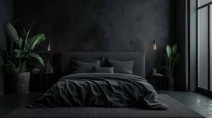 Bedroom wall mockup cozy dark grey bedroom interior. Generative AI, 생성형, 인공지능