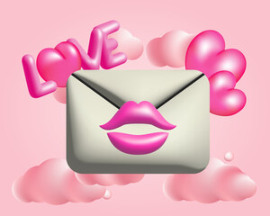 3d white mail envelope with pink hearts and lips vector illustration.
