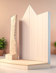 3d realistic podium mockup for product presentation decorated with 3d rendering flat color trees