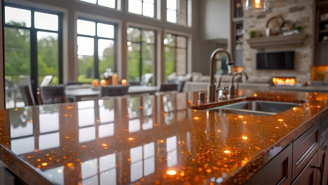 A topdown view of a tiled kitchen countertop with a freshly applied layer of grout shining between each tile and adding a touch of sophistication to the space.