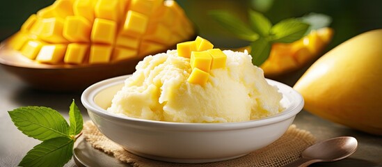 Enjoying Summer Delight: Mango Ice Cream Serenity with a Gleaming Spoon
