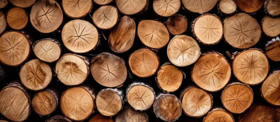 Zelfklevend Fotobehang A Pile of Wood Logs Stacked on Top of Each Other Logs © Ilgun