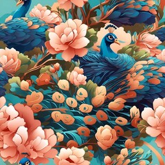 Seamless pattern of majestic pheasants in a colorful garden full of flowers. Cartoon style. Repeatable image background.