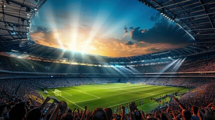 Full stadium background. lighting sport stadium. Image for winning, sport, competition. Empty copy space for ad, celebration, championships design. 