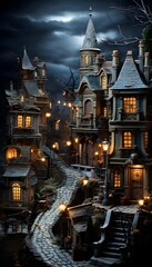 Halloween background with haunted castle in the dark. 3d rendering