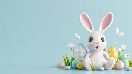 3d banner with Easter eggs cute happy Easter bunny 