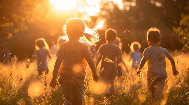 A photo of children playing, with sunlight streaming as the background, during a summer picnic