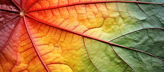 Naklejka na ściany i meble Vibrant Macro Shot of Rainbow Colored Leaf, Capturing Nature's Diverse Beauty