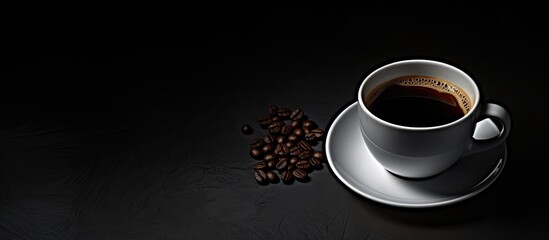 Rich Aroma: Steaming Cup of Coffee and Roasted Beans on Elegant Black Background