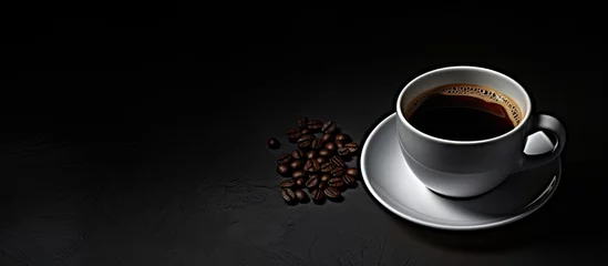 Papier Peint photo Lavable Bar a café Rich Aroma: Steaming Cup of Coffee and Roasted Beans on Elegant Black Background